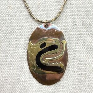Vintage Mexico Mixed Metal Copper Brass Dragon Pendant Necklace Sterling Chain